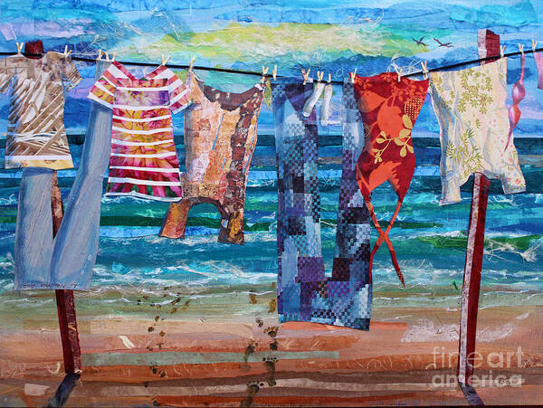 Collage Collages Torn Paper Assemblage Mixed Media Mixed-media Clothesline Clotheslines Drying Clothes Laundry Hanging Laundryday Laundryline Laundrylines Beach Beaches Sand Sandy Footprints Ocean Sea Sky Landscape Poster featuring the mixed media A Place Called Home by Li Newton