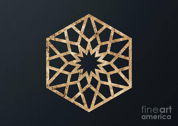 Glyph Poster featuring the mixed media Abstract Geometric Gold Glyph Art on Dark Teal Blue 420 Horizontal by Holy Rock Design