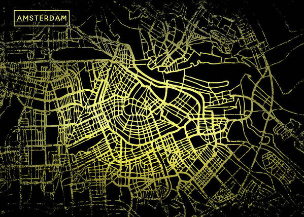 Map Poster featuring the digital art Amsterdam Map in Gold and Black by Sambel Pedes