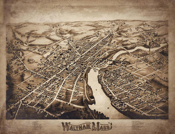 Waltham Poster featuring the photograph Antique Map Birds Eye View Waltham Massachusetts 1877 Sepia by Carol Japp