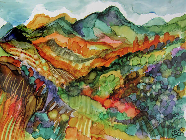 Alcohol Ink Poster featuring the painting Autumn Valley Hills by Jean Batzell Fitzgerald