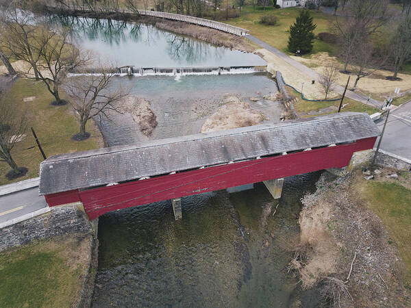 Above Poster featuring the photograph Birdseye View Wehrs Dam and the Covered Bridge in March by Jason Fink