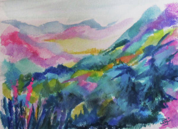 Colorful Watercolor Poster featuring the painting Blue Mountain Valley by Jean Batzell Fitzgerald