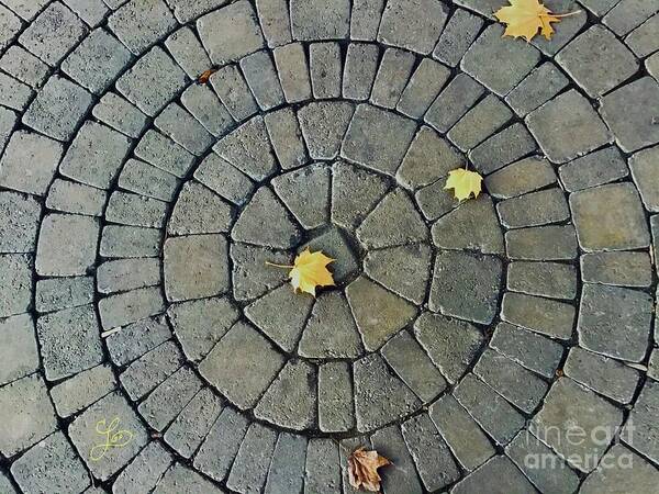 Autumn Circle Of Bricks Grey Blue Yellow Maple Leaves Green .abstract Waterloo Park Ontario Canada Gazebo Stone Circle Poster featuring the photograph Brick Circle with Autumn Leaves by Lynne Paterson