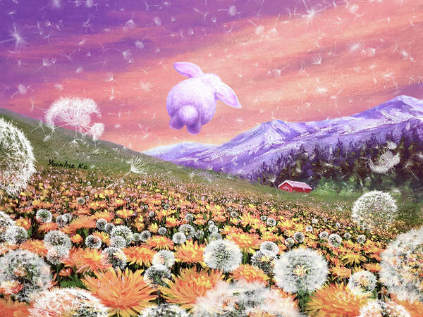 Dandelion Poster featuring the painting Bunny Hopping in the Field of Hope   by Yoonhee Ko