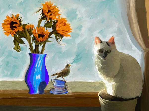 Cat Poster featuring the mixed media Cat with Nightingale and Sunflowers by Ann Leech
