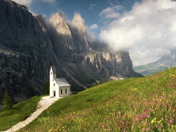 Alpine Poster featuring the photograph Chapel of St Maurice, Passo Gardena, Dolomites, Italy by Sarah Howard