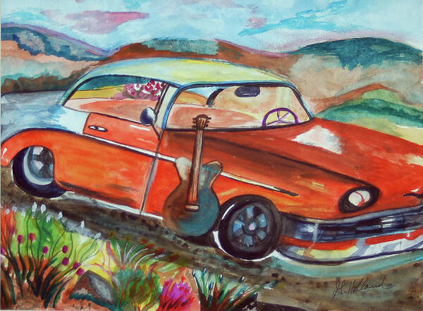 Old Poster featuring the painting Chevy and Guitar by Genevieve Holland