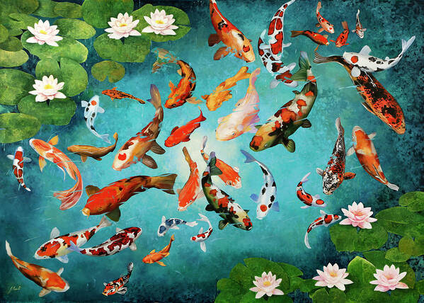  Carp Koi Poster featuring the painting Colorful Koiscape by Guido Borelli