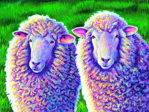 Sheep Poster featuring the painting Colorful Sheep Portrait - Charlie and Curtis by Rebecca Wang