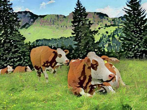 Cows Poster featuring the painting Cow Herd Resting in Grass by The James Roney Collection