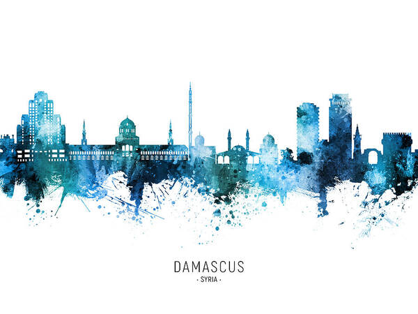 Damascus Poster featuring the digital art Damascus Syria Skyline #16 by Michael Tompsett