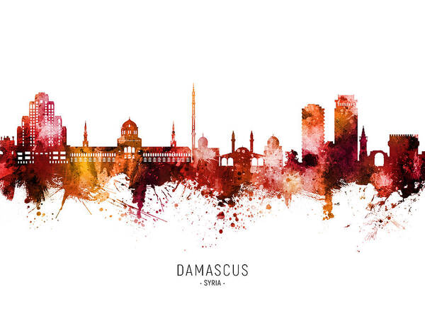 Damascus Poster featuring the digital art Damascus Syria Skyline #74 by Michael Tompsett