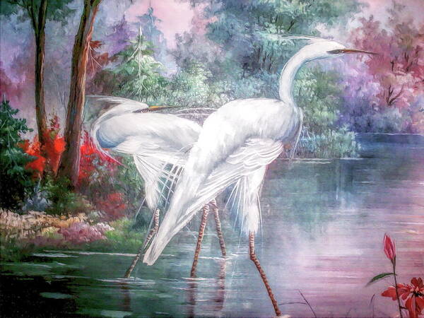 Egret Poster featuring the mixed media Enchanted Lagoon by Susan Hope Finley