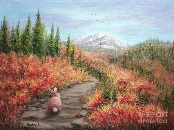 Hiking Bunny Poster featuring the painting Enter Autumn by Yoonhee Ko