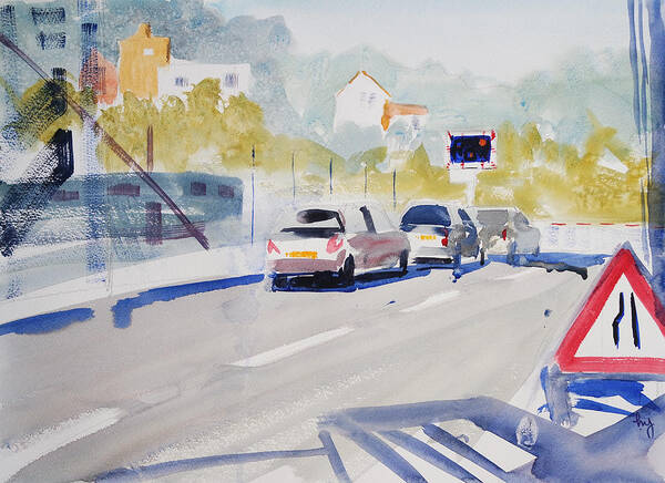 Cars Poster featuring the painting Exeter Exwick Queue for St Davids Level Crossing painting by Mike Jory