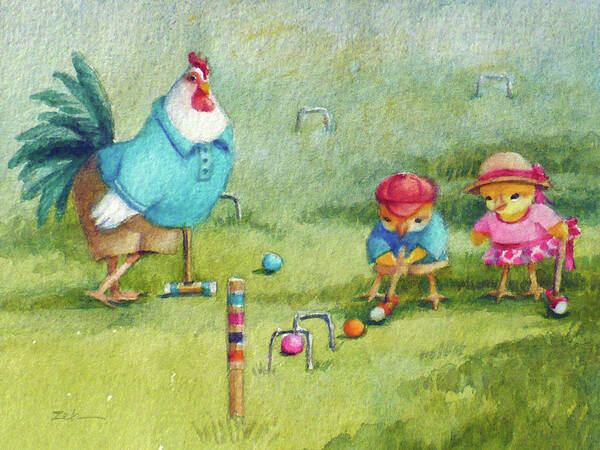 Rooster Poster featuring the painting Father's Day Croquet by Janet Zeh