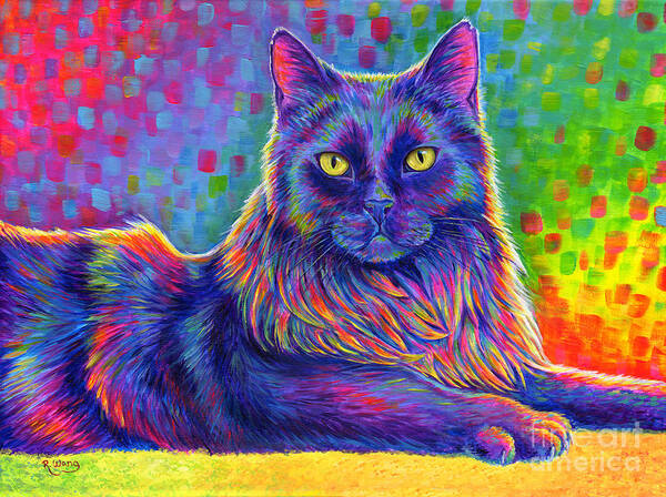 Cat Poster featuring the painting Psychedelic Rainbow Black Cat - Felix by Rebecca Wang