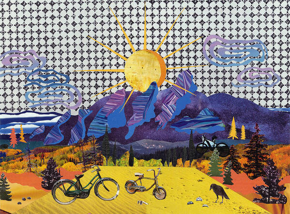 Abstract Collage Of The Flatirons Mountains In Boulder Colorado. Crow Looking At Helmets. Bikes Ready To Ride Poster featuring the mixed media Flatirons by Maureen Herrera