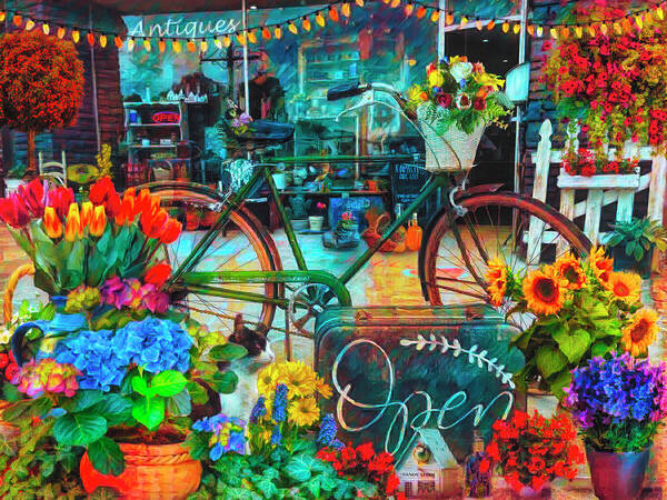 Fence Poster featuring the photograph Flowers and Bike on the Sidewalk Painting by Debra and Dave Vanderlaan