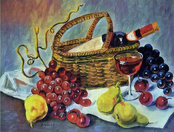 Basket Poster featuring the painting Fruit Basket with Wine by Joel Smith