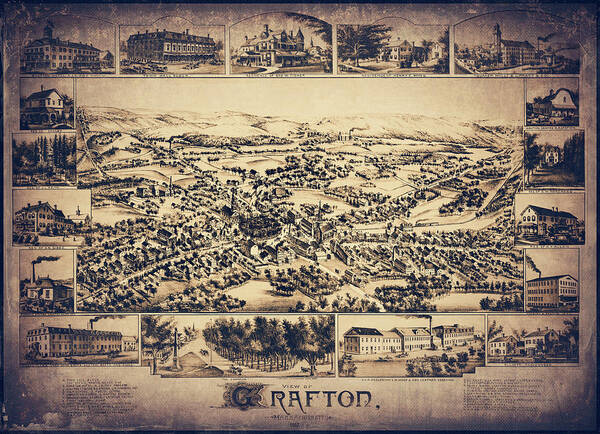 Map Poster featuring the photograph Grafton Massachusetts Vintage Map Birds Eye View 1887 Sepia by Carol Japp