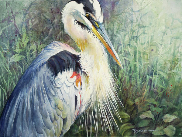 Blue Heron Poster featuring the painting Great Blue Heron by Sue Zimmermann