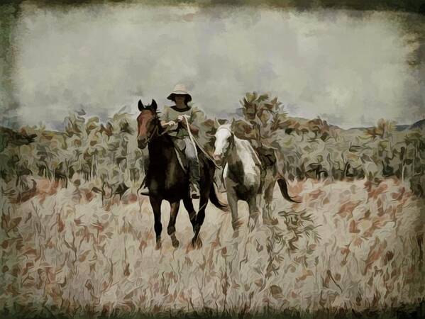 Horse Riding Poster featuring the mixed media Horse Power Mustering With A Spare by Joan Stratton