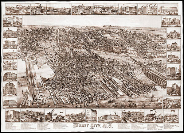 Jersey City Poster featuring the photograph Jersey City New Jersey Vintage Map Birds Eye View 1883 Sepia by Carol Japp