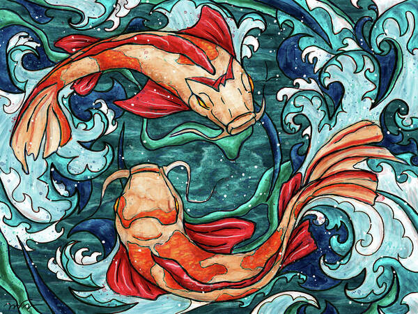 Koi Fish Poster featuring the painting Koi fish couple in waves, two koi fish by Nadia CHEVREL