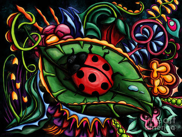 Ladybug Poster featuring the painting Ladybug on abstract garden, colorful ladybug by Nadia CHEVREL