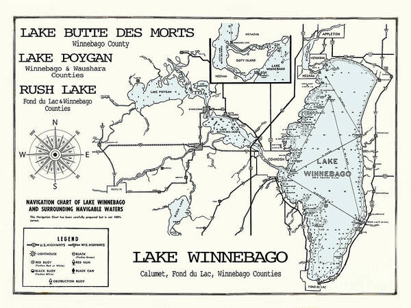 Map Poster featuring the digital art Lake Winnebago-Poygan-Rush-Butte Des Morts Wisconsin Map by Jean Plout