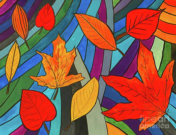 Leaves Poster featuring the mixed media Leaves and Stripes by Lisa Neuman