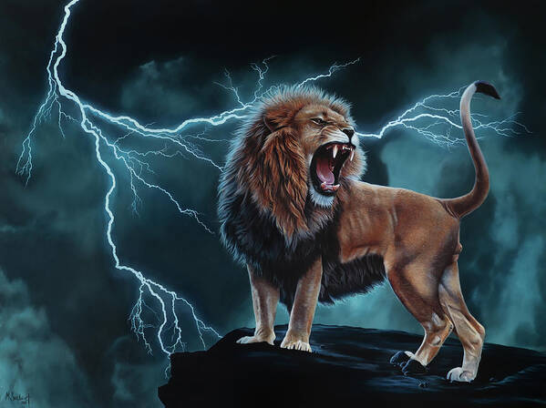  Poster featuring the painting Lightning Lion of Judah by Marika Sinclaire