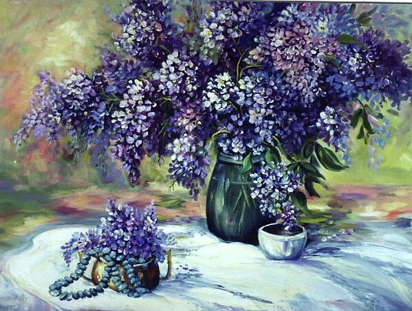 Still Life Of Lilacs And Indian Beads Poster featuring the painting Lilacs wealth by Caroline Patrick