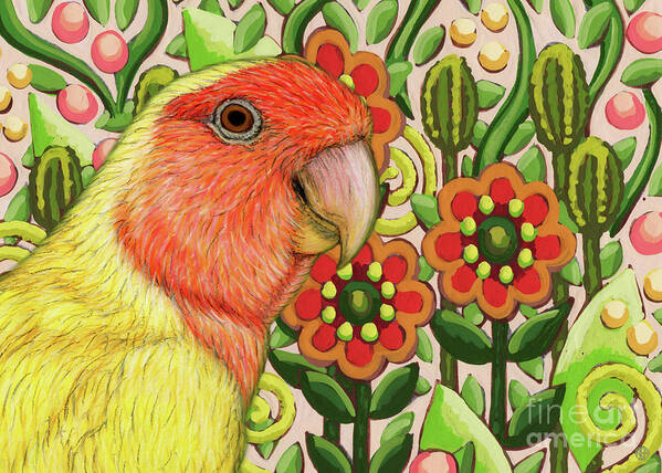 Parrot Poster featuring the painting Lovebird Enjoying Picnic Posies by Amy E Fraser