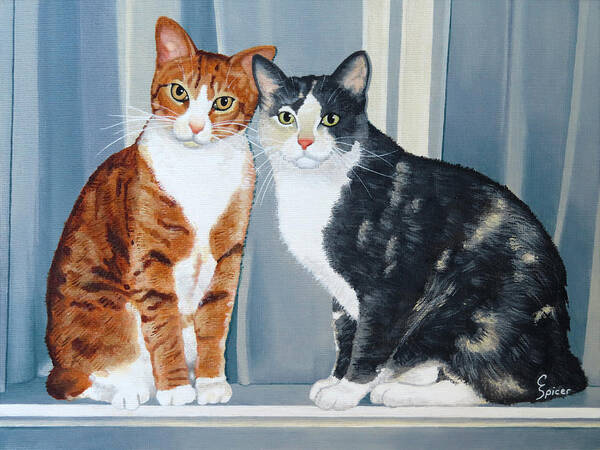 House Cat Feline Animal Pet Kitty Kitten Pussy Tabby Calico Torbie Tortie Cute Sweet Furry Fluffy Fuzzy Window Curtain Sill Indoor Inside Home Orange Gray White Paw Face Whisker Eye Ear Nose Mouth Tail Fur Baby Love Portrait Poster featuring the painting Maggie and Milo in the Window by Christopher Spicer