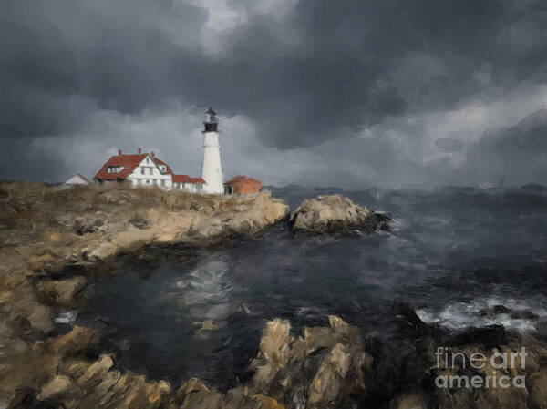  Poster featuring the painting Maine Lighthouse Passing Storm by Gary Arnold