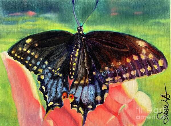 Blue Tiger Swallowtail Butterfly Resting On A Hand Preparing To Launch Poster featuring the painting Michele's Freedom Launch by Sherri Dauphinais