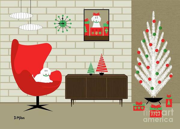 Mid Century Dog Poster featuring the digital art Mid Century Christmas Room White Dog by Donna Mibus