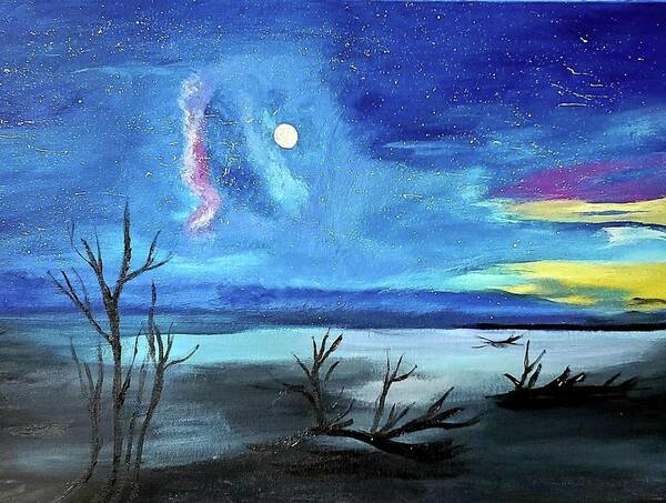 Moon Shining Bright Over Botany Bay Poster featuring the painting Milky Way over Botany Bay by Amy Kuenzie