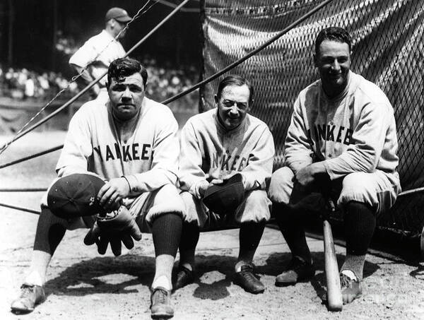 American League Baseball Poster featuring the photograph Miller Huggins, Lou Gehrig, and Babe Ruth by Transcendental Graphics