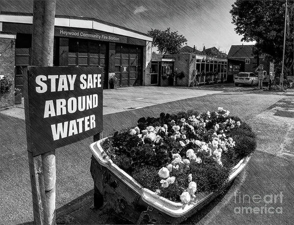 Monochrome Poster featuring the photograph Monochrome flowers in a boat, Heywood Fire Station, Manchester, UK by Pics By Tony