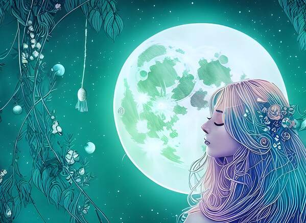 Digital Poster featuring the digital art Moon Behind Pretty Girl by Beverly Read