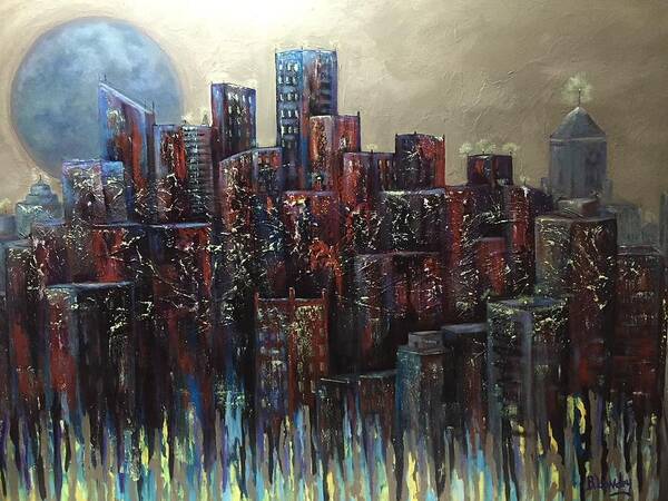 Cityscape Poster featuring the painting Moon over Miami by Barbara Landry