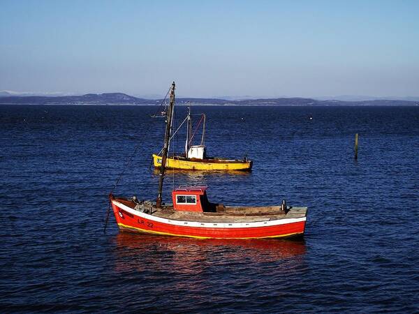 Morecambe; Morecambe Bay; Fishing Boats; Seaside; Coastal; Poster featuring the photograph MORECAMBE. Fishing Boats by The Jetty. by Lachlan Main