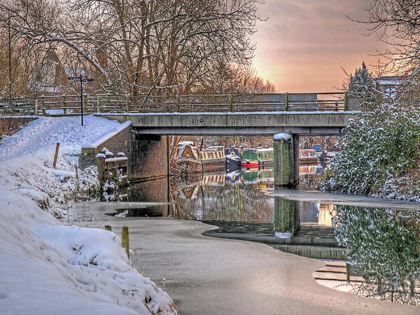 Snow Poster featuring the photograph Narrow Boats Under the Bridge by Gill Billington