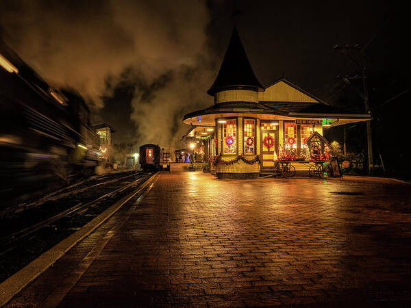 New Hope Poster featuring the photograph New Hope Train Station On A Rainy Night by Kristia Adams