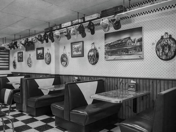 Judy Duncan Poster featuring the photograph 50's Style Hometown Diner Black-White - localolddinerblkwhi112720 by Judy Duncan