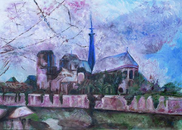 Original Oil Painting Poster featuring the painting Notre Dame- Withstanding The Test of Time by Kathy Knopp